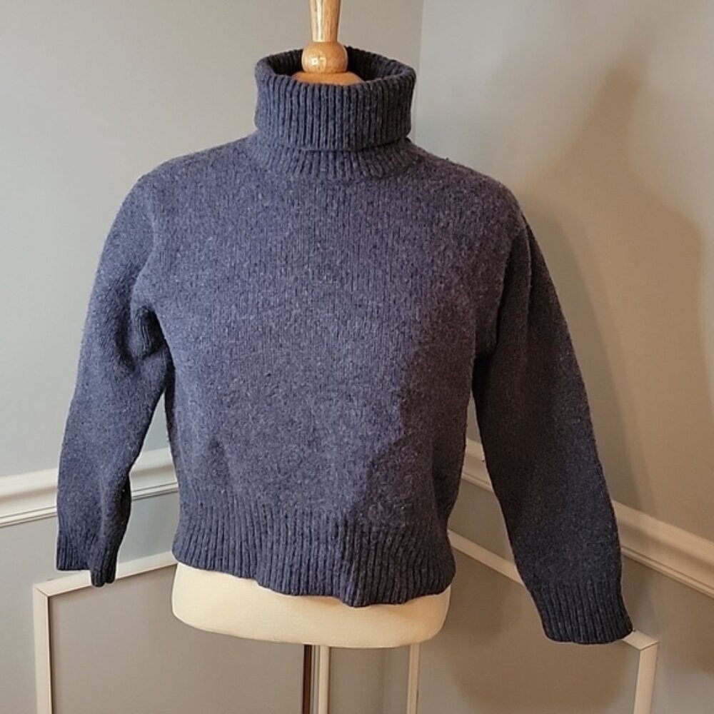 J.CREW Blue Heathered 100%‎ Lambswool Cropped Chunky Turtleneck Sweater S READ